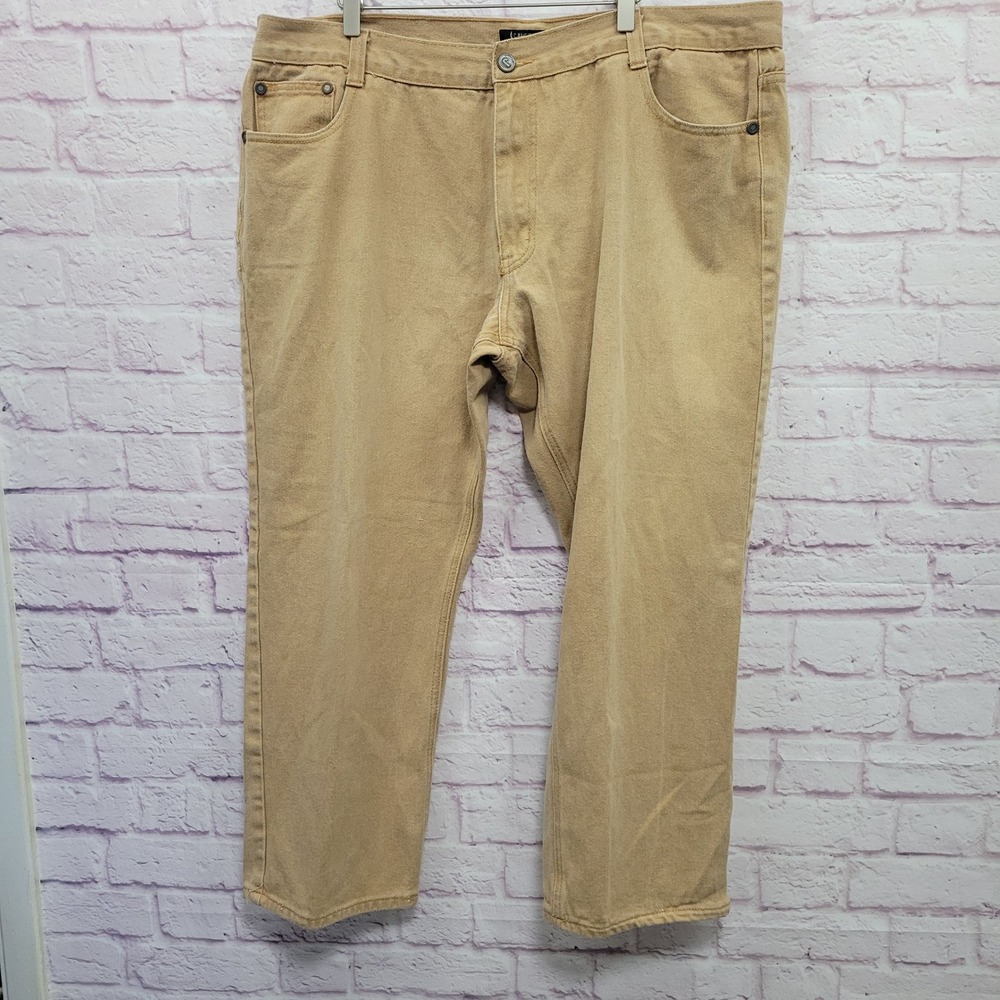 Jeanetix Khaki Straight Leg Denim Jeans Men 46 Heavyweight Embroidered Grunge